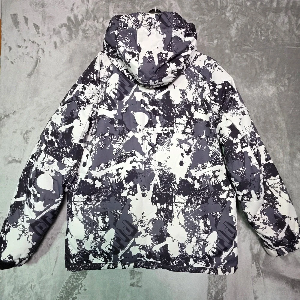 Bimodal Mens XL Ski Jacket Black White Abstract Graphic Hooded Winter Coat Coat